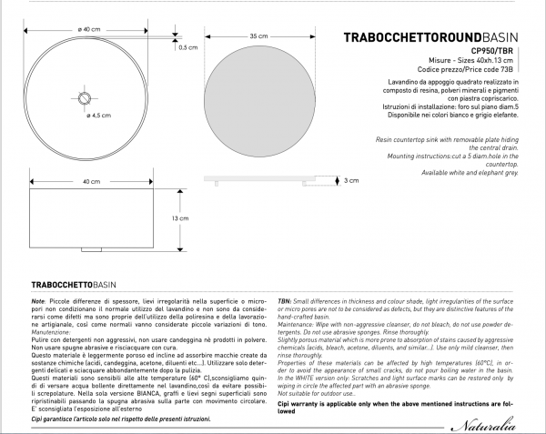 Lavandino Trabocchetto Round Basin Cipì CP950/TBR